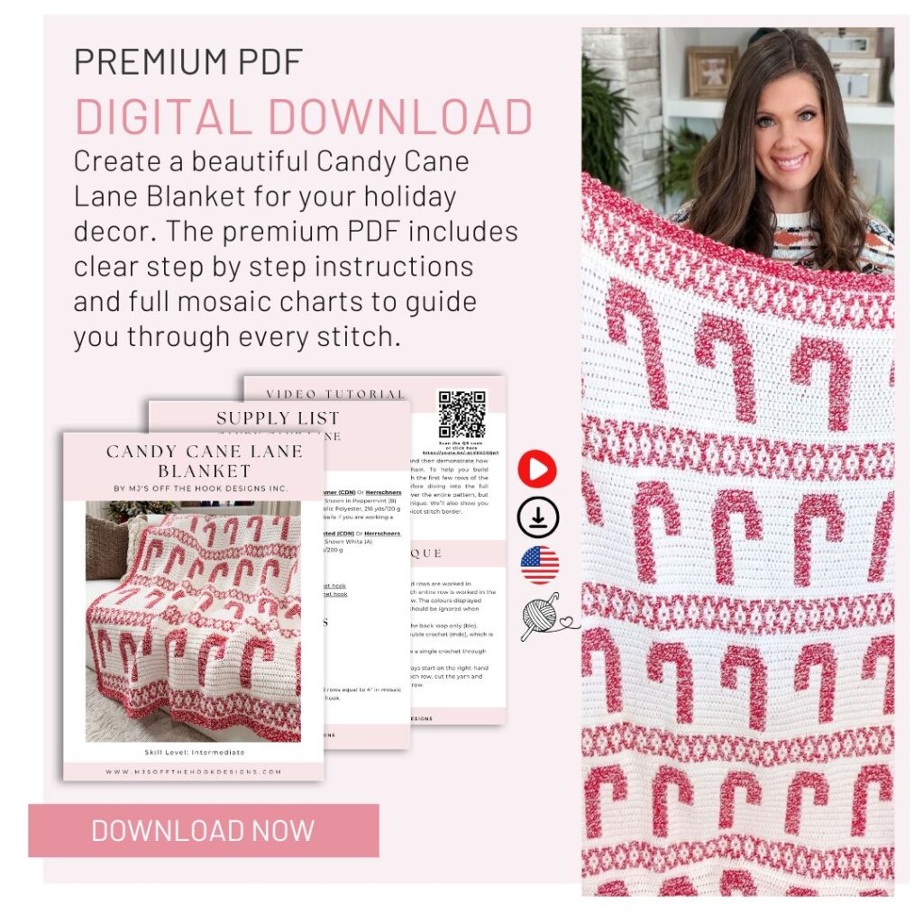 A woman holds a pink and white crochet mosaic blanket with candy cane patterns. Text promotes a digital download PDF for making the "Candy Cane Lane Blanket" with instructions and supply list.