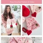 Collage showing a woman holding a crocheted Valentines Gnome, close-ups of pink and red gnomes with heart accents, and a close-up of two gnomes against a brick background.