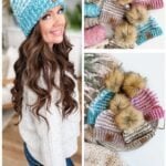 Collage showing a woman wearing a blue crochet beanie with a faux fur pompom and various colorful crochet beanies displayed on a table. Text reads: "Cozy Winterberry Beanie, Beginner-Friendly Crochet Pattern.