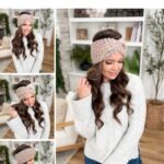 A woman with long brown hair models a handmade ear warmer in a cozy living room. Multiple angles highlight the ear warmer’s design and fit. Text reads: "Ear Warmer Pattern: Quick, Cozy, Giftable.