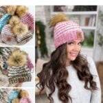 A woman wears a pink crocheted beanie with a faux fur pom-pom; three smaller images show Winterberry Beanie crochet designs in various colors, all labeled as a free crochet pattern.