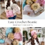 A woman models colorful Winterberry Beanie crochet beanies with faux fur pom-poms; additional beanies are displayed on a table and in a flat lay. Text reads: "Easy Crochet Beanie – Perfect for Gifts. Free Crochet Pattern available.