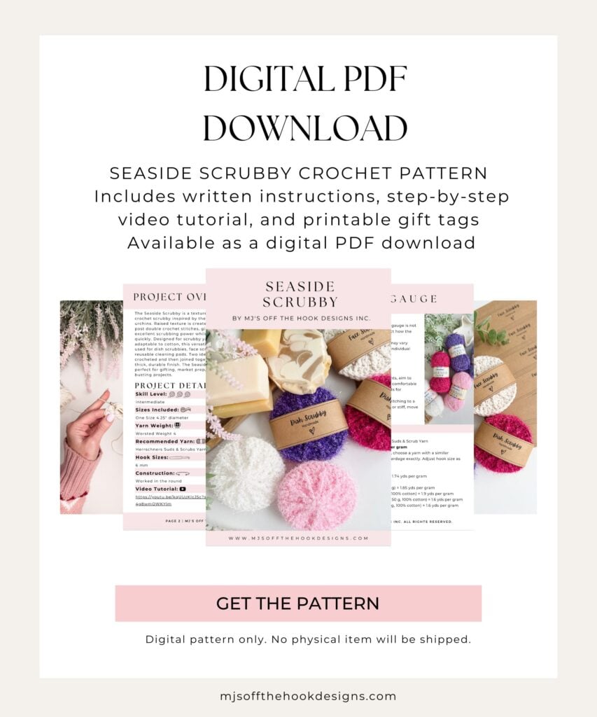 Digital PDF Crochet Scrubby pattern for "Seaside Scrubby," featuring images, written instructions, video tutorial details, and printable gift tags. No physical item will be shipped.