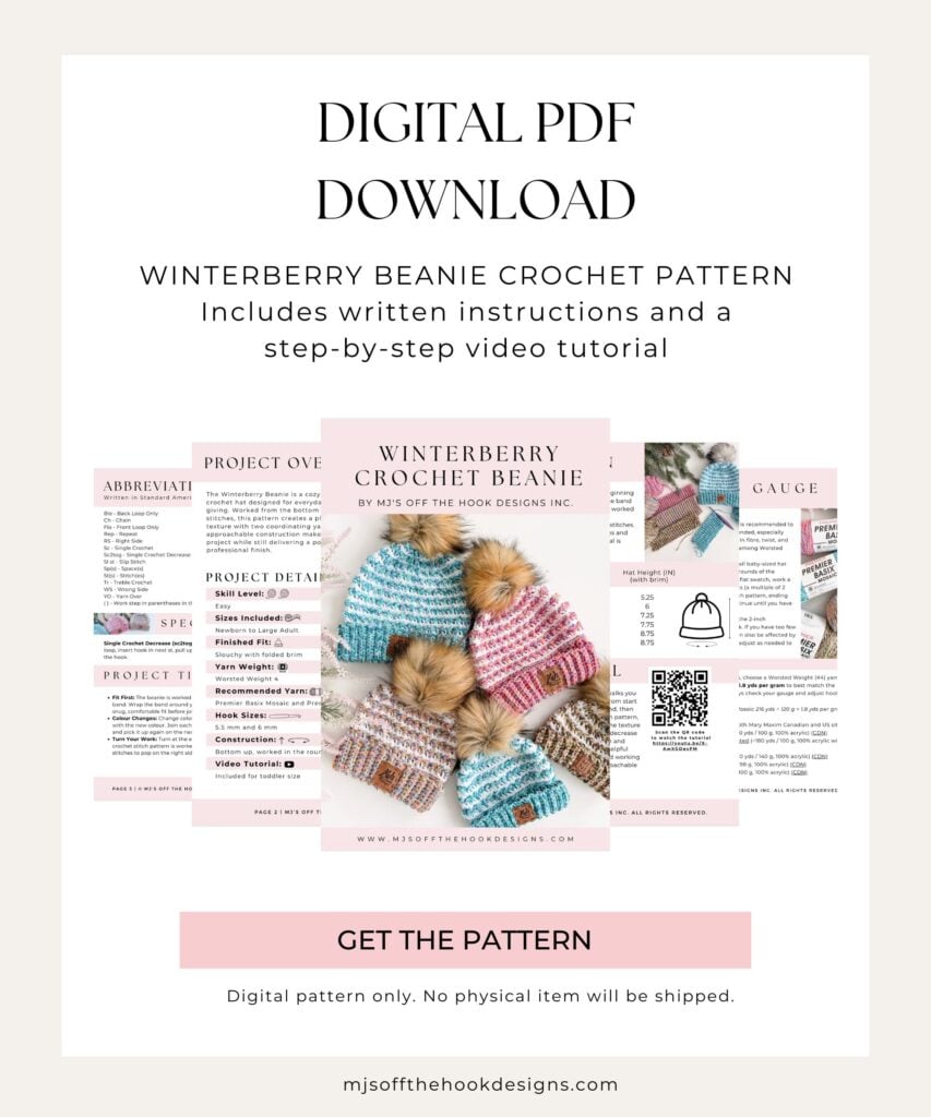 Digital PDF download for the Winterberry Beanie crochet pattern with instructions, a video tutorial, and sample images of finished beanies. This Free Crochet Pattern is a digital product—no physical item included.