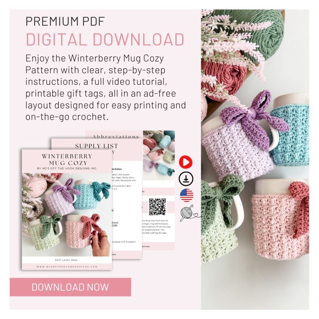 Three pastel Mug Cozy designs with bows are displayed on mugs near a yarn bouquet, alongside a digital PDF pattern for Winterberry Mug Cozies, available for instant download.