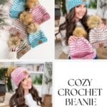 Collage featuring a woman modeling the Winterberry Beanie—our cozy crochet beanie—with faux fur poms, plus close-ups of blue, pink, and multicolor styles. Text: Winterberry Beanie, Free Crochet Pattern.