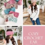 Collage featuring pastel crochet ear warmers and yarn, a woman wearing a pink ear warmer indoors, and text that highlights “Winterberry Ear Warmer” and “Cozy Crochet Ear Warmer.” The perfect handmade accessory to keep your ears warm.