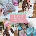 Collage showing women in colorful crochet beanies with pom-poms, plus close-ups of the Winterberry Beanie. Text in center reads: "Free Crochet Pattern.