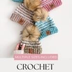 Four colorful Crochet Winterberry Beanies with faux fur pom-poms are arranged on a white background, with a hand holding one. Text reads: "Multiple sizes included. Free Crochet Pattern. mjsoffthehookdesigns.com.