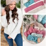 A woman wears a crocheted ear warmer headband; nearby are cozy crochet headbands in various colors and yarn balls displayed on a table. Text reads: "Simple Stitches Cozy Crochet Headband.