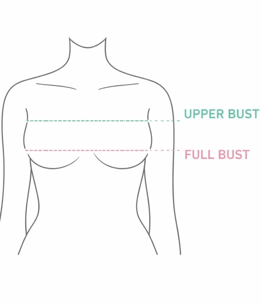 Line drawing of a female torso showing how to measure the upper bust and full bust, with labeled dashed lines indicating each position.