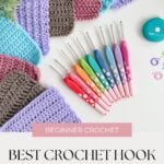 A set of colorful crochet hooks arranged in a row, surrounded by crocheted swatches in different colors, with the text "Best Crochet Hook Sizes for Beginners"—perfect for those wondering what is crochet and where to start.
