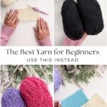 A collage showing hands crocheting with light yarn, two black yarn skeins, two colored yarn skeins, and crochet swatches on a floral background. Text reads: "The Best Yarn for Beginners. Discover what is crochet and use this instead.