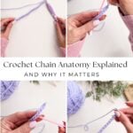 A step-by-step tutorial showing hands creating a slip knot and crochet chain stitch with purple yarn and a crochet hook, featuring a close-up of the stitches.