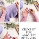 A person demonstrates basic crochet techniques with lavender yarn; text reads "Learn to Crochet with MJ," "Crochet for Absolute Beginners," and answers the question, "What is crochet?.