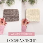 Two hands hold crocheted swatches—one gray and loose on the left, one cream and tight on the right—displayed under floral decorations with text about what is crochet and the differences between loose vs tight stitches.