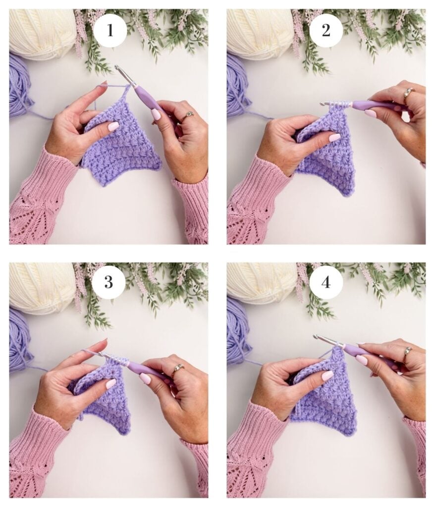 Four-step photo tutorial showing hands crocheting a textured lavender swatch with a purple hook. This Star Stitch Tutorial highlights the yarn and finished swatch, clearly displayed on a white surface.