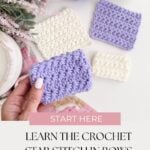 A hand holds a purple crochet swatch next to three other crochet pieces and yarn balls, with text: "Learn how to crochet star stitch in rows and in the round with this easy crochet star stitch tutorial.