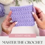 Hands holding a purple crochet swatch with a crochet hook, yarn in the background, and text overlay about mastering the crochet star stitch tutorial.