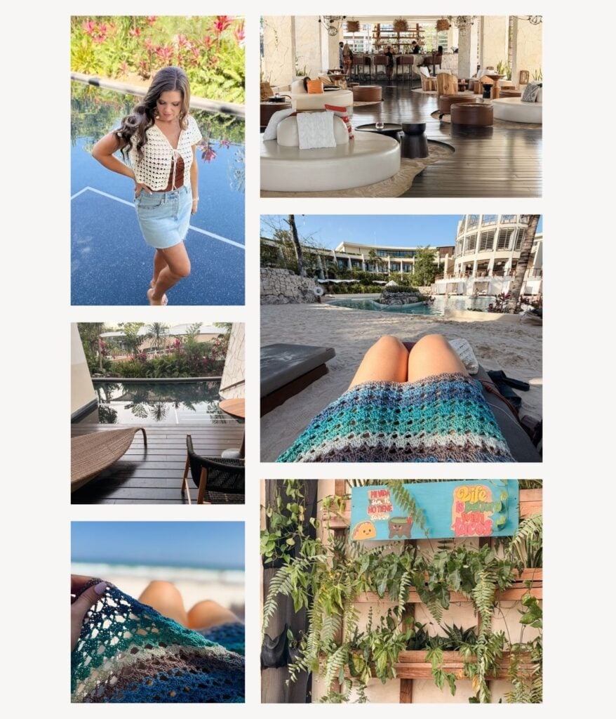 A collage of vacation scenes: woman by a pool, outdoor lounge area, resort buildings, close-up of legs on a lounger, poolside view, crochet fabric featuring the Solea Shell Stitch, and a sign with foliage.