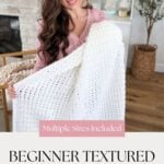 Woman holding a cozy white throw blanket with text overlay promoting a beginner textured throw blanket pattern; bookshelf and fireplace in the background.
