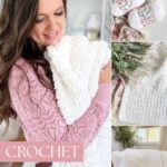 Collage featuring a woman holding a white crocheted throw blanket, yarn skeins, a close-up of the crochet texture, and the finished throw draped over a white couch. Text reads "Crochet Throw Pattern.
