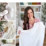 Collage showing yarn, a crochet hook, and a woman holding a white textured throw blanket, with the text "Crochet Textured Throw Pattern: Quick, Beginner, Textured.