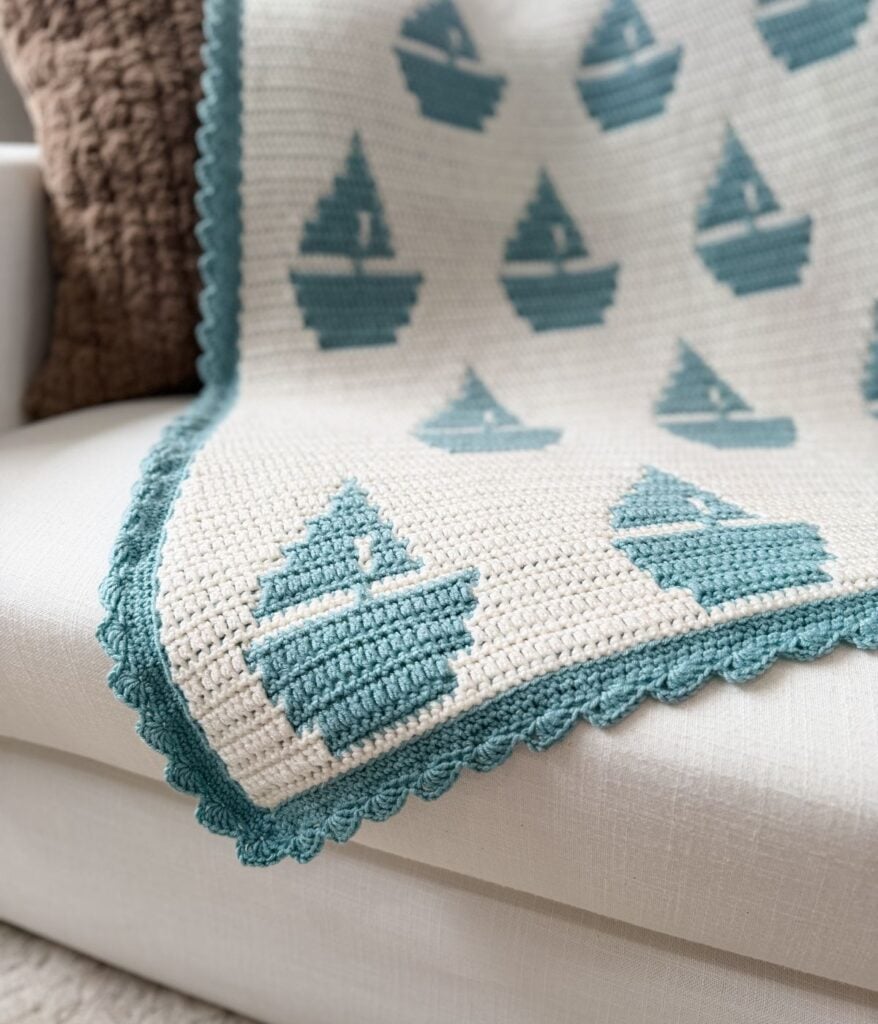 A Sailboat Baby Blanket with turquoise sailboat patterns and a scalloped edge, crafted in a reversible crochet pattern, is draped over a white sofa.