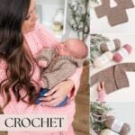 A woman in a pink sweater holds a baby wearing a crochet cardigan; yarn, crochet pieces, and step-by-step assembly are shown on the right. Text: "Crochet Children's Cardigan—plus tips for making a mosaic crochet blanket.