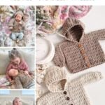 Collage of children's crochet cardigans, both in beige and brown, displayed flat and worn by infants and toddlers in cozy settings. Text reads: "Children's Cardigan Pattern: Relaxed, Oversized, Timeless." Pairs perfectly with a Sailboat Baby Blanket.