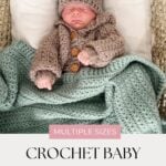 Newborn baby wearing a crocheted cardigan and hat with bear ears, lying in a basket under a mosaic crochet blanket; text reads "Crochet Baby Cardigan Pattern.