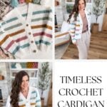 A woman models a striped, crocheted cardigan in pastel colors, shown with yarn balls and pattern text: "Timeless Crochet Cardigan Pattern," perfect for fans of reversible crochet patterns.