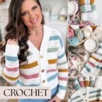 A woman wears a striped crochet cardigan; side images show yarn skeins, crochet tools, and the finished cardigan laid flat. Inspired by mosaic crochet blanket designs. Text reads "Crochet Cardigan.