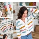 A woman wears a striped crochet cardigan in pastel colors. The image also shows yarn, a closeup of the cardigan, and the pattern name "Crochet Cardigan Pattern," featuring a reversible crochet pattern for added versatility.