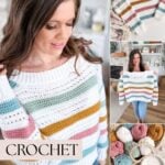 Woman wearing a striped crochet sweater in pastel colors, with images showing yarn, crochet tools, and the completed sweater. Text reads "Crochet Sweater Pattern" featuring a stylish reversible crochet pattern.