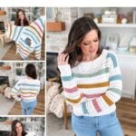Collage showing a woman modeling a colorful striped crochet sweater, with close-ups of the oversized fit and various angles of this wearable, reversible crochet pattern.