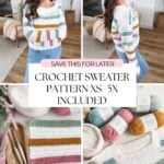 A woman models a striped crocheted sweater in a living room. Below, yarn and a crocheted sweater are displayed with text: "Crochet Sweater Pattern XS–5X Included." Try this cozy look or explore our mosaic crochet blanket reversible crochet pattern.