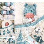 Collage showing a sailboat baby blanket with a reversible crochet pattern, matching blue knit hat on a sleeping baby, and skeins of coordinating yarn.