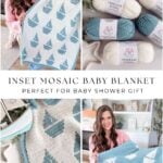 A woman displays a sailboat baby blanket with blue and white patterns, crafted in Timeless Tonal yarn. This mosaic crochet blanket features both close-up and full views, showcasing its striking reversible crochet pattern.
