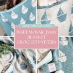 Collage of a blue and white Sailboat Baby Blanket featuring a mosaic crochet blanket design, shown held by a woman, wrapped around a baby, and displayed with nautical-themed decor. Text overlay describes the reversible crochet pattern.