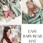 Collage showing a knitted baby bear hat with ears, matching blanket, yarn, and a baby and woman each wearing the hat. Text reads "Star Stitch Baby Bear Hat," "Easy Baby Bear Hat Pattern," and features a mosaic crochet blanket.