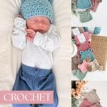 Collage showing a baby wearing a crocheted bear hat, several crocheted bear hats in different colors, bundles of yarn, and a pattern labeled "Crochet Bear Hat Pattern." Features cozy textures perfect for a mosaic crochet blanket or reversible crochet pattern.