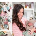 Collage showing yarn, crocheted bear ear hats, and a woman in a pink sweater holding a baby wearing a reversible crochet pattern hat and blanket. Text reads "Crochet Star Stitch Hat Pattern.