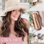 Collage featuring a woman in a sun hat, yarn and crochet hook, plus the finished sun hat, with text reading "Crochet Sun Hat Pattern.