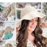 Collage showing a woman wearing a beige crochet sun hat and several sun hats in different colors displayed on a table with crochet hooks and accessories. Text reads: "Crochet Sunhat Pattern.