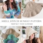 Collage of crochet sun hats in various colors, yarn skeins, seashells, and two women modeling the hats. Text reads: "Shell Stitch Sunhat Pattern - Perfect for Summer.