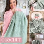 Collage featuring a woman holding a mosaic crochet blanket, yarn and supplies, a baby wrapped in the blanket, and the blanket draped over a chair. Text reads: "Crochet Blanket Pattern. Reversible crochet pattern included.