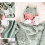 Collage showing a mint green crocheted blanket and matching baby hat; includes close-ups, a sleeping baby, and a folded blanket draped over a chair. Text reads โStar Stitch Baby Blanket Pattern.โ.