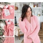 Woman wearing a pink crocheted cardigan; inset images show pink yarn, the cardigan in progress, and a close-up of the reversible crochet pattern. Text reads: Crochet Cardigan Pattern.