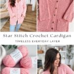 Collage showing a woman wearing a pink crochet cardigan, a closeup of the reversible crochet pattern with buttons, three skeins of pink yarn, and detail of the woman in the cardigan.